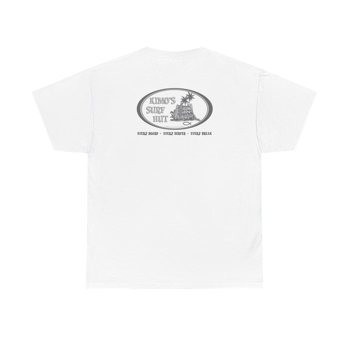 Kimo's Surf Hut men's white heavy cotton short sleeve T-shirt with blue and grey logo