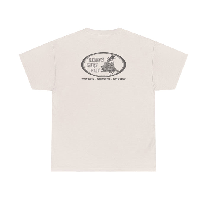 Kimo's Surf Hut men's white heavy cotton short sleeve T-shirt with blue and grey logo